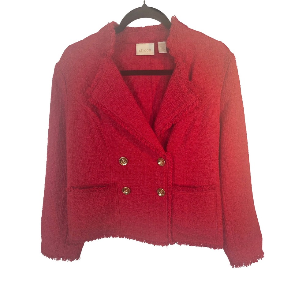 Chico's Red Tweed Double Breasted Blazer Jacket Gold Buttons Fringe Trim Size 1